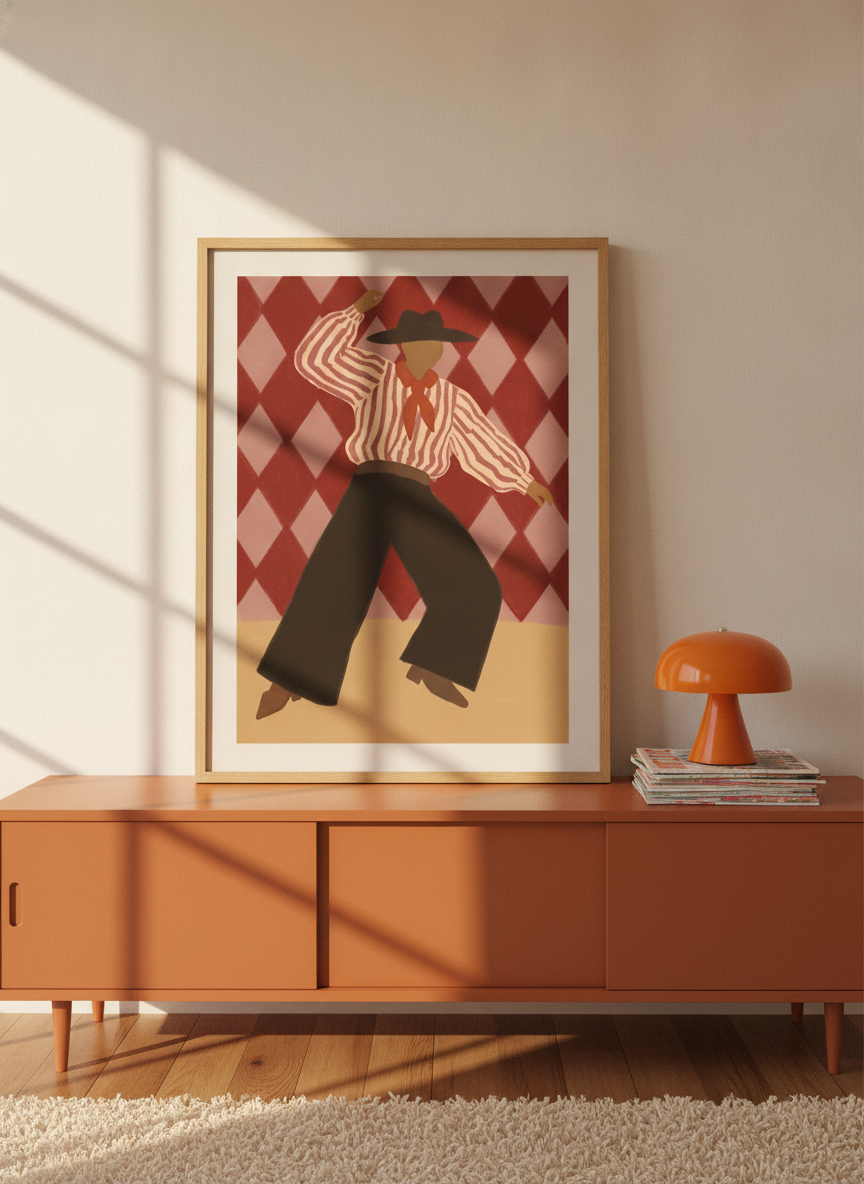 Modern wall art print standing on a sideboard in a retro 70s bedroom