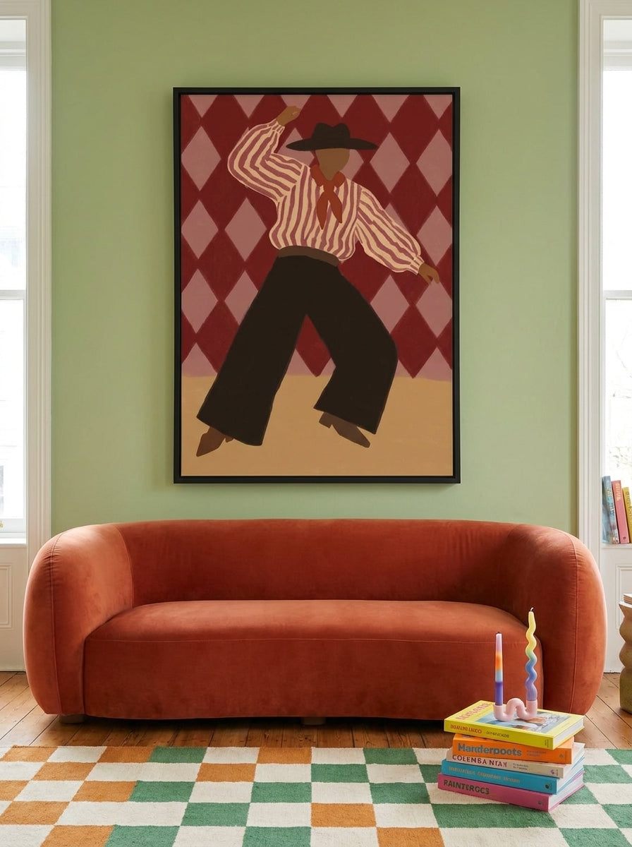 Oversized statement modern wall art print styled on the wall in a colourful eclectic living room
