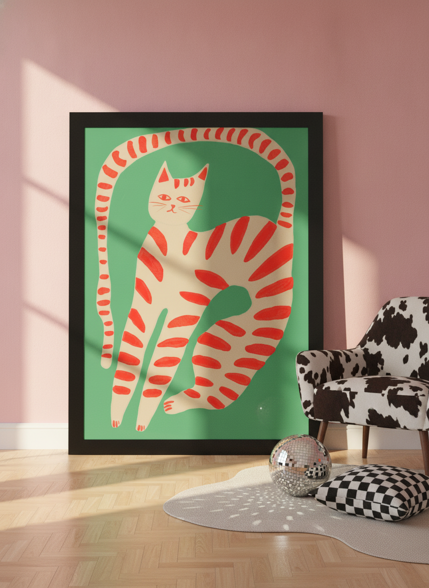 Oversized statement modern wall art print leaning against the wall in a colourful eclectic living room
