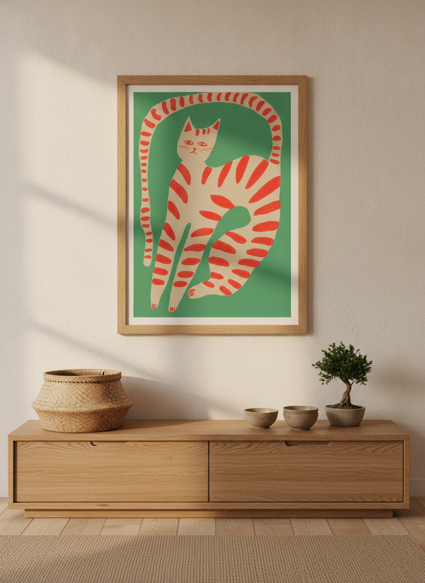 Modern wall art print styled on the wall in a warm Japandi nursery