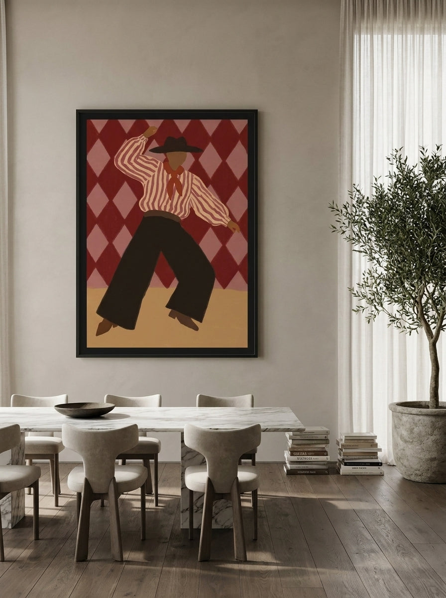 Oversized statement modern wall art print styled on the wall in a luxe dining room