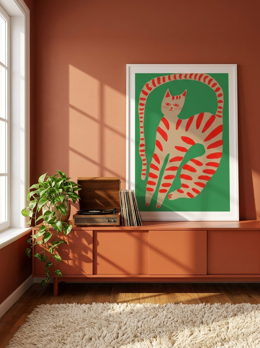 Modern wall art print standing on a sideboard in a retro 70s home office
