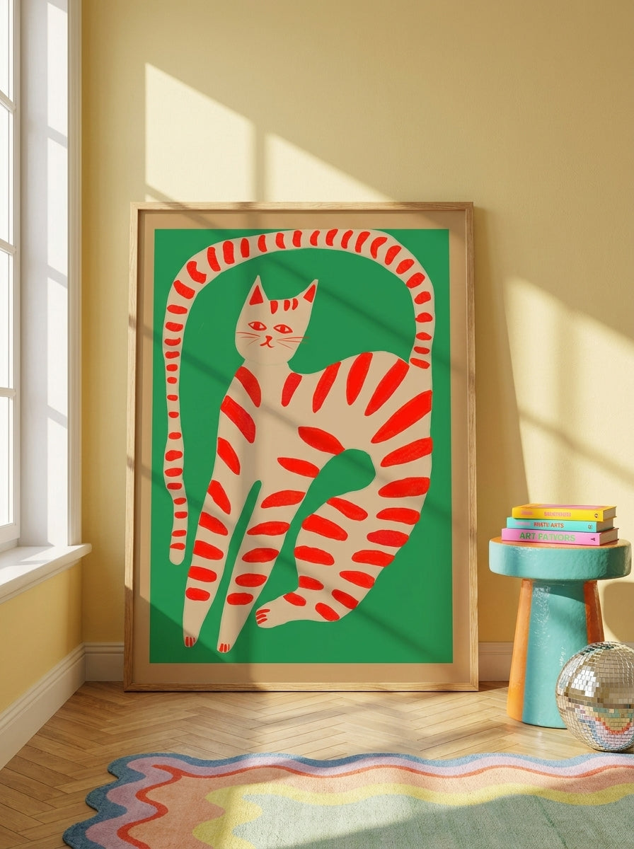 Oversized statement modern wall art print leaning against the wall in a colourful eclectic dining room