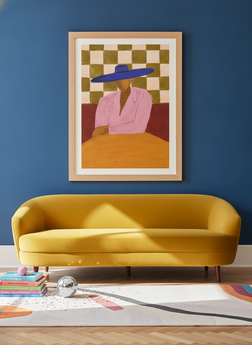 Modern wall art print styled on the wall in a colourful eclectic living room