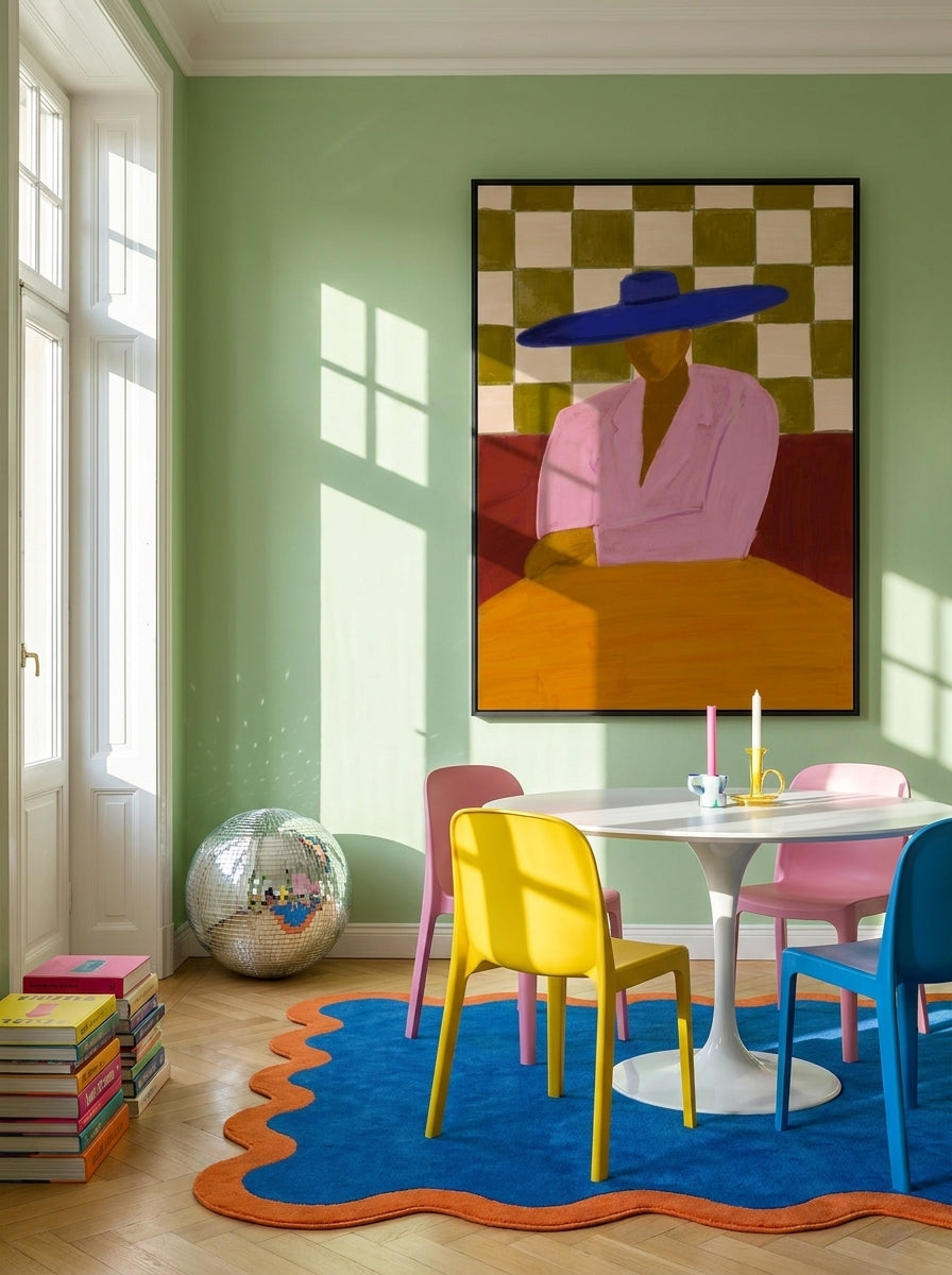 Oversized statement modern wall art print styled on the wall in a colourful eclectic dining room