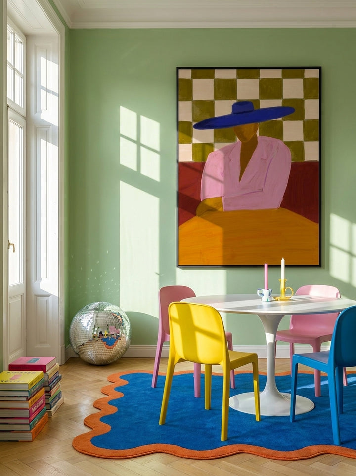 Oversized statement modern wall art print styled on the wall in a colourful eclectic dining room