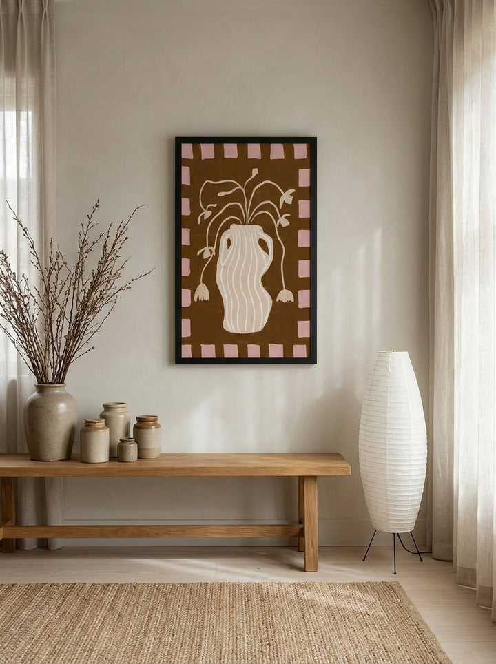 Modern wall art print styled on the wall in a warm Japandi kitchen