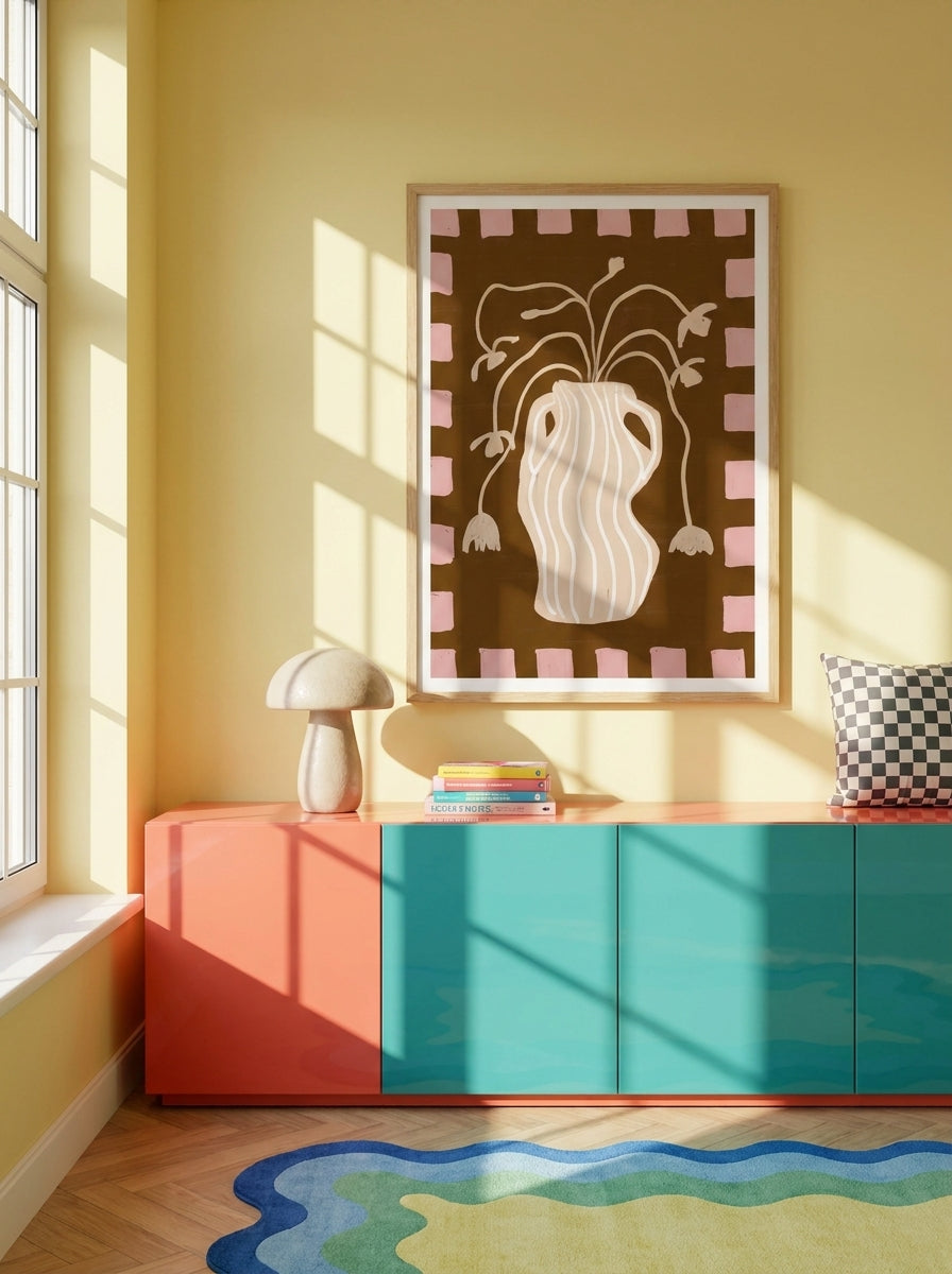Modern wall art print styled on the wall in a colourful eclectic living room
