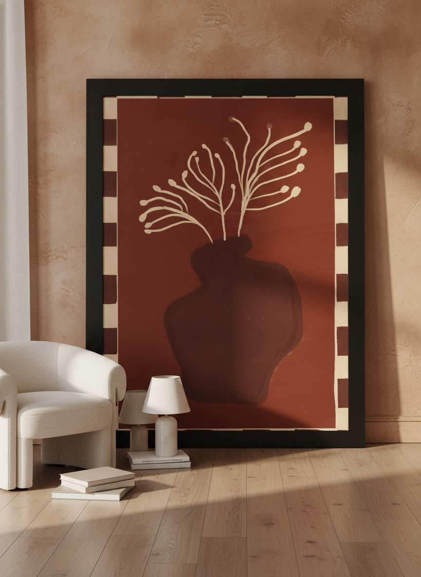 Oversized statement modern wall art print leaning against the wall in a luxe bedroom