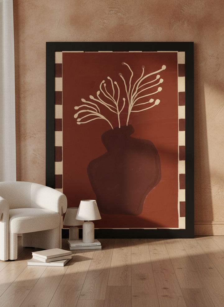 Oversized statement modern wall art print leaning against the wall in a luxe bedroom