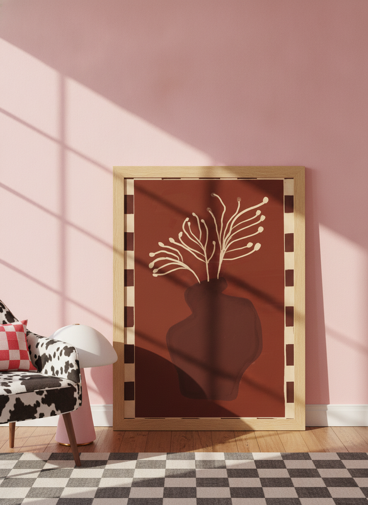 Modern wall art print leaning against the wall in a colourful eclectic home office