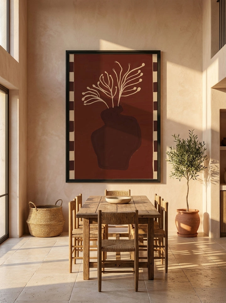 Oversized statement modern wall art print styled on the wall in a Mediterranean dining room