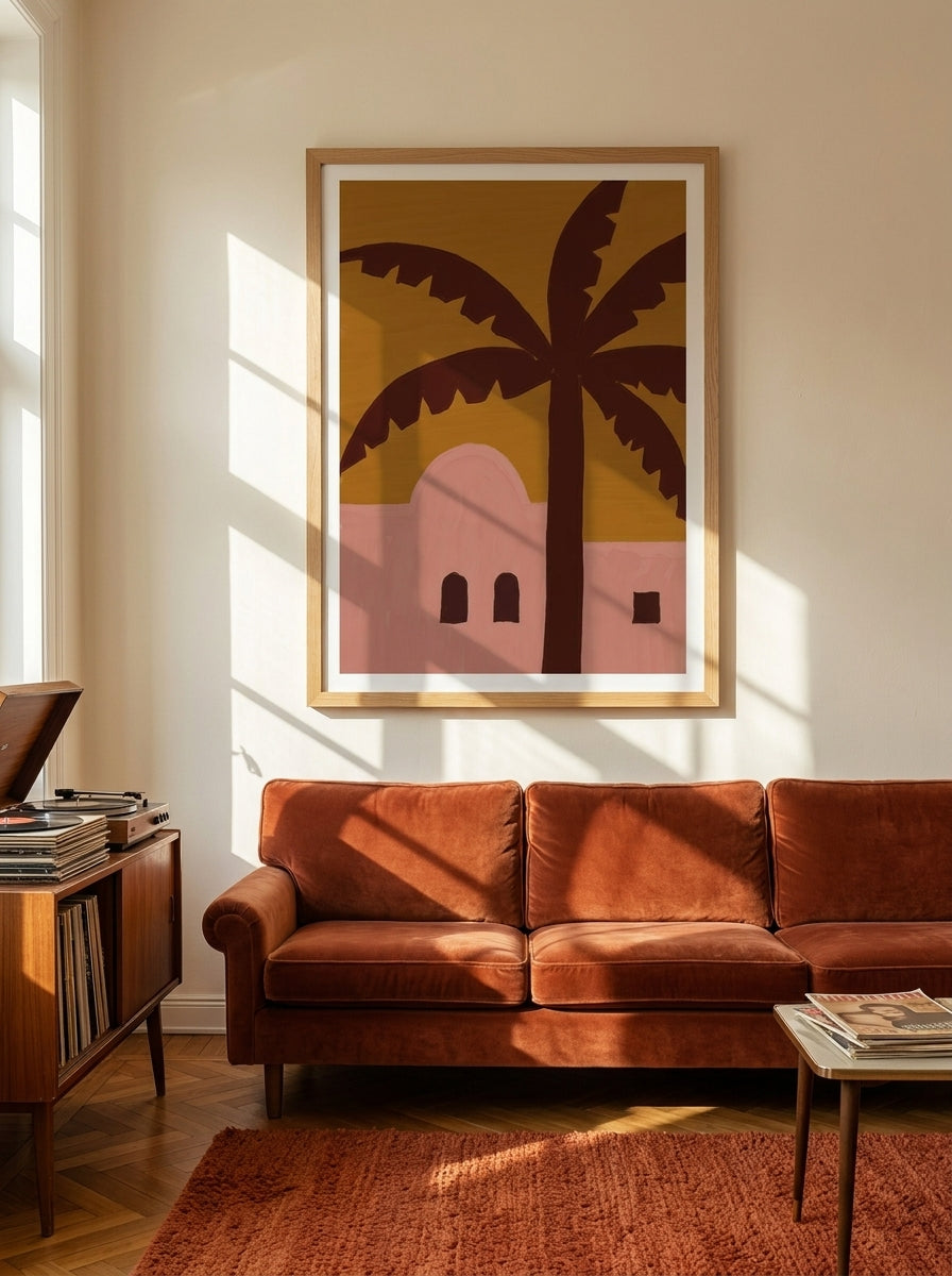 Modern wall art print styled on the wall in a retro 70s living room