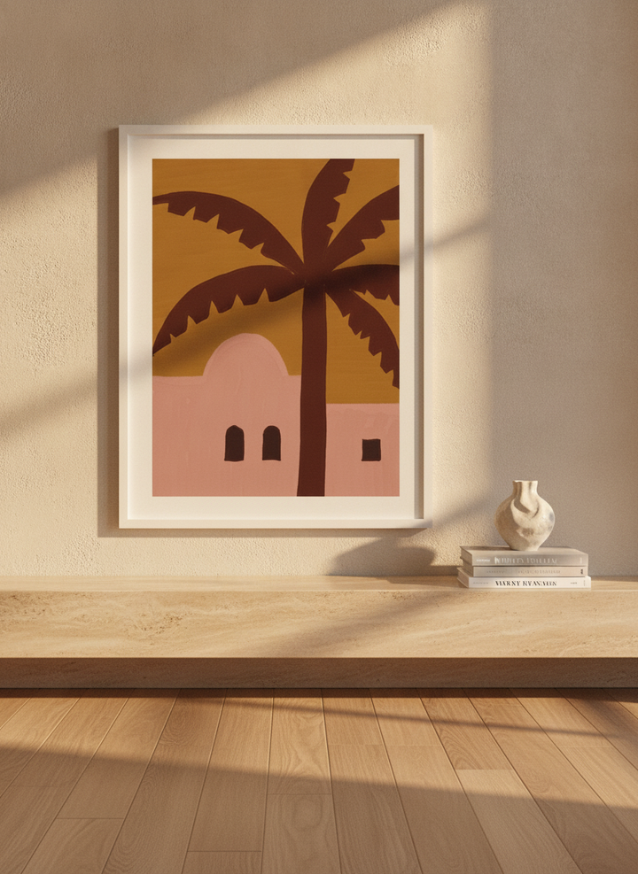Modern wall art print styled on the wall in a luxe living room