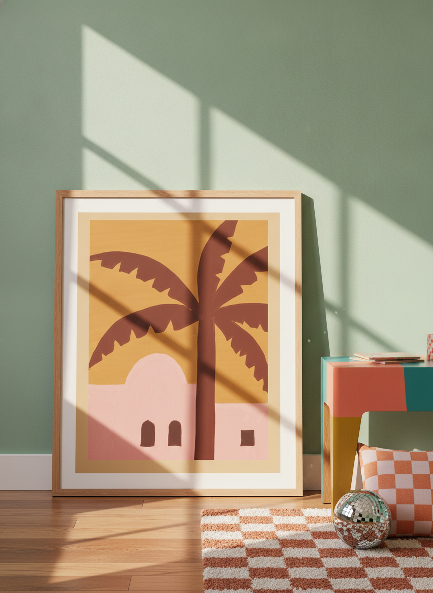 Modern wall art print leaning against the wall in a colourful eclectic home office