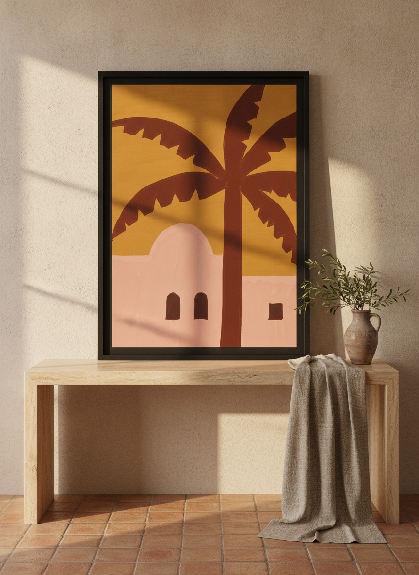 Modern wall art print standing on a console in a Mediterranean bedroom