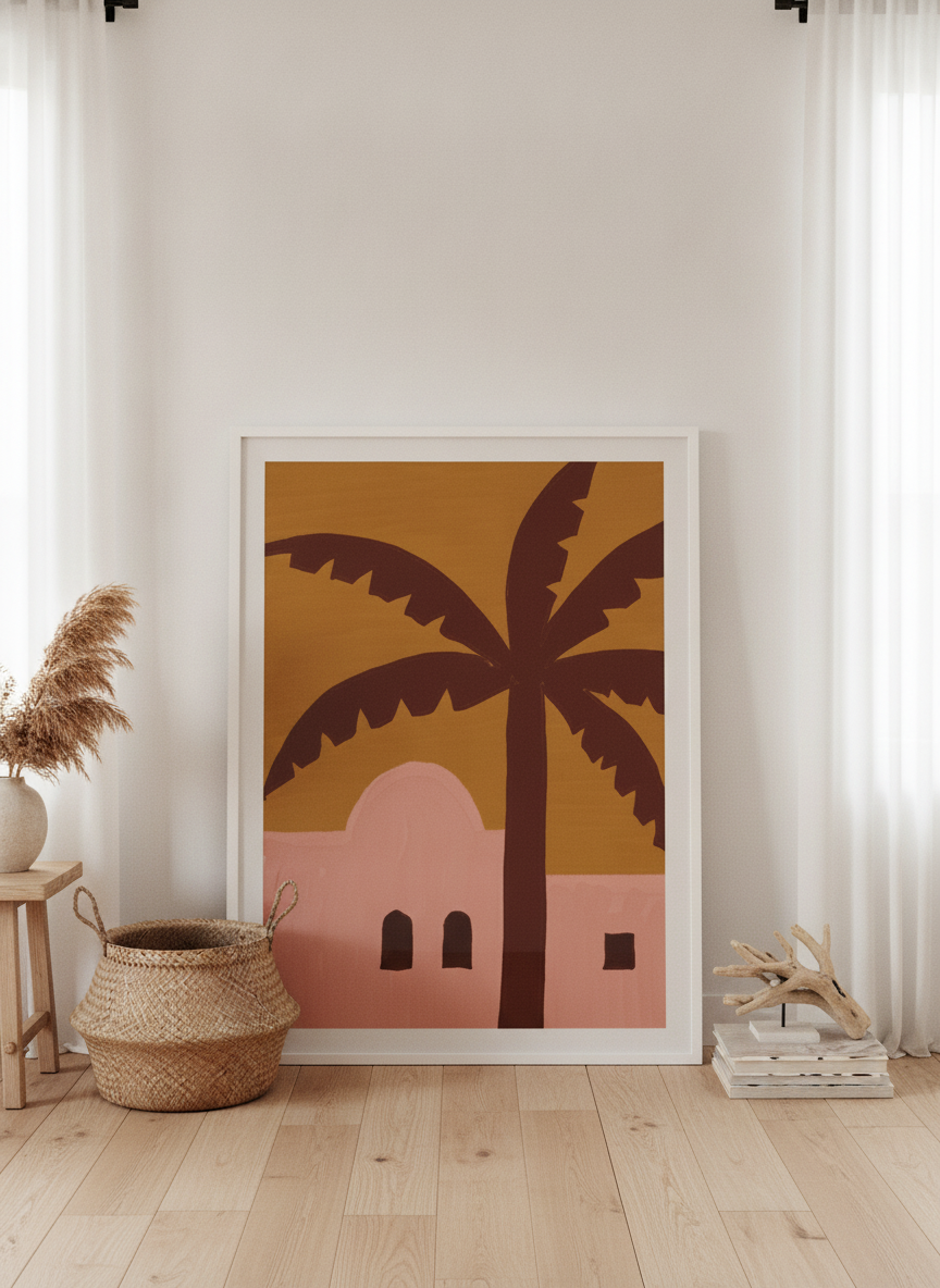 Oversized statement modern wall art print leaning against the wall in a coastal bedroom