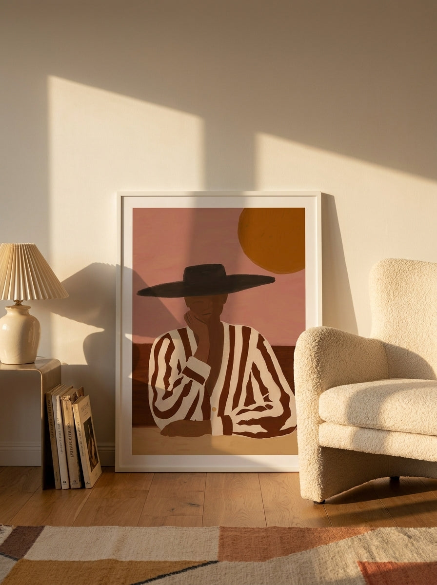 Modern wall art print leaning against the wall in a mid-century bedroom
