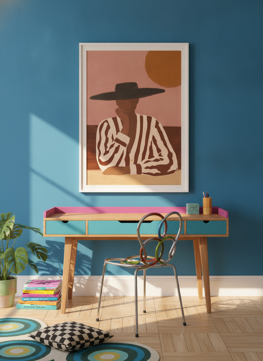 Modern wall art print styled on the wall in a colourful eclectic home office