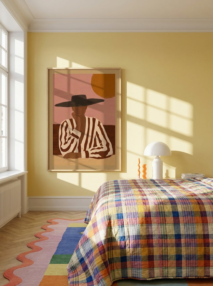 Oversized statement modern wall art print styled on the wall in a colourful eclectic bedroom