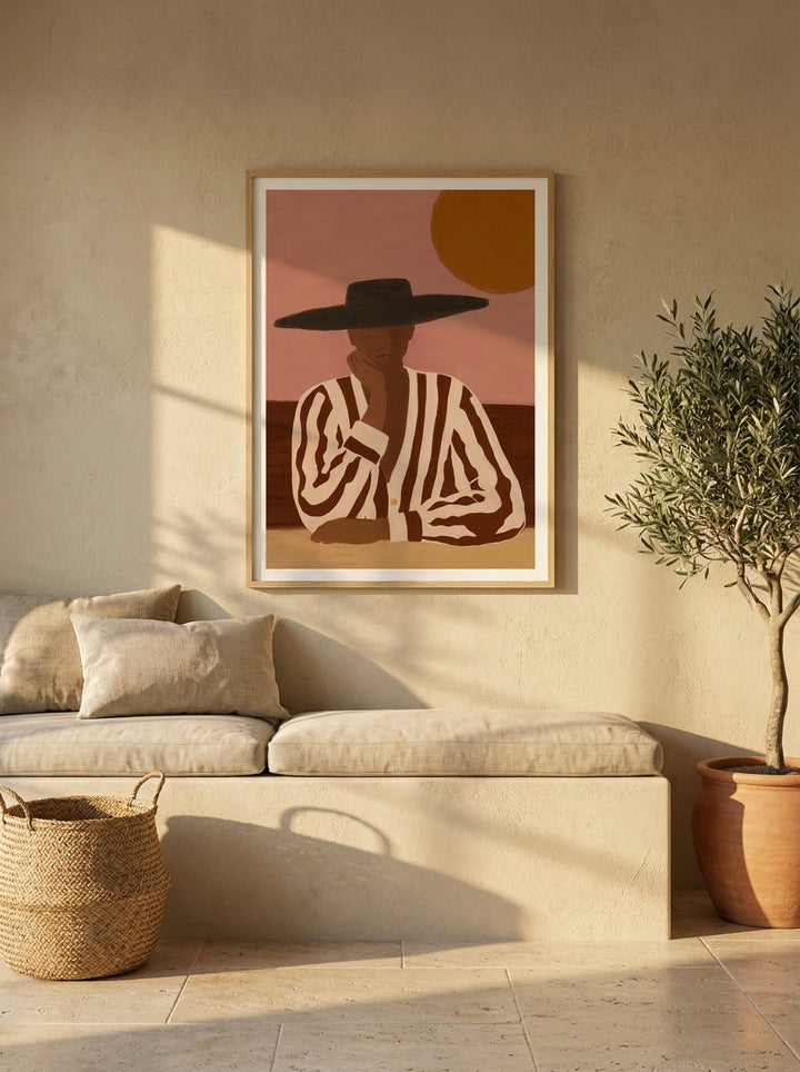 Modern wall art print styled on the wall in a Mediterranean living room