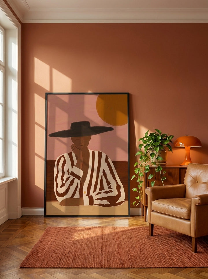Oversized statement modern wall art print leaning against the wall in a retro 70s bedroom