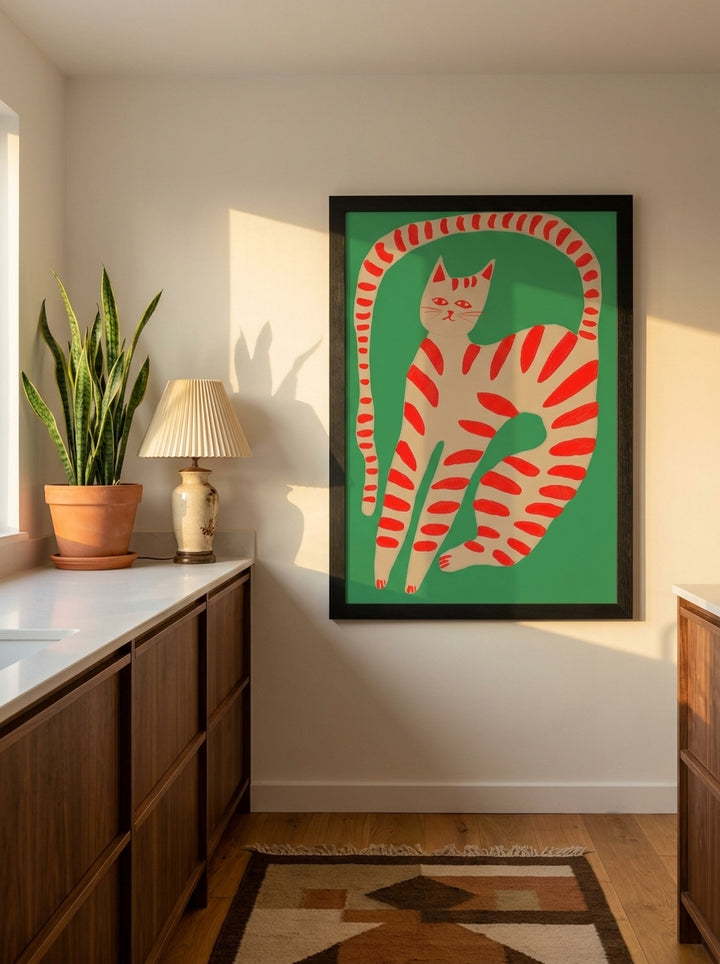 Modern wall art print styled on the wall in a mid-century kitchen