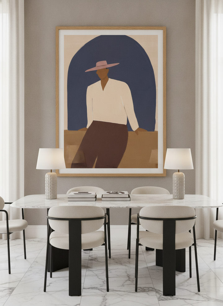 Oversized statement modern wall art print styled on the wall in a luxe dining room