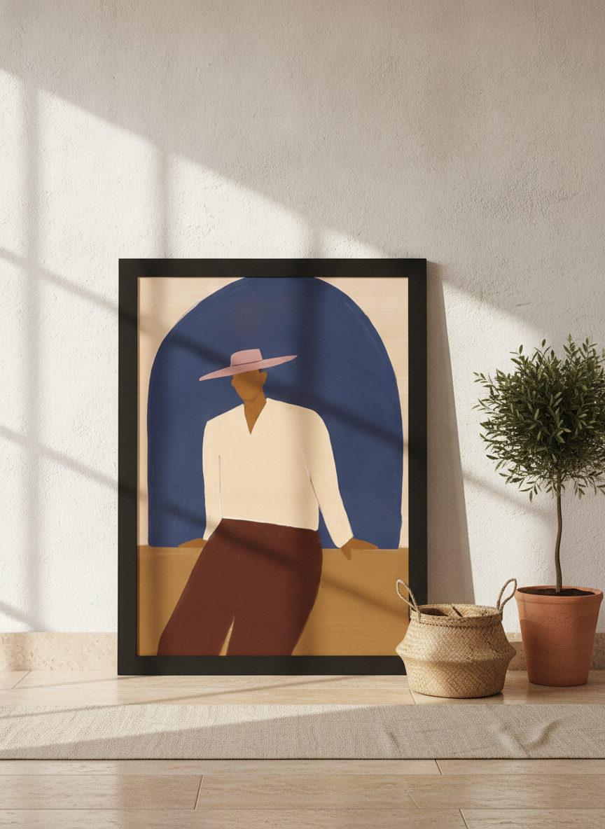 Oversized statement modern wall art print leaning against the wall in a Mediterranean bedroom