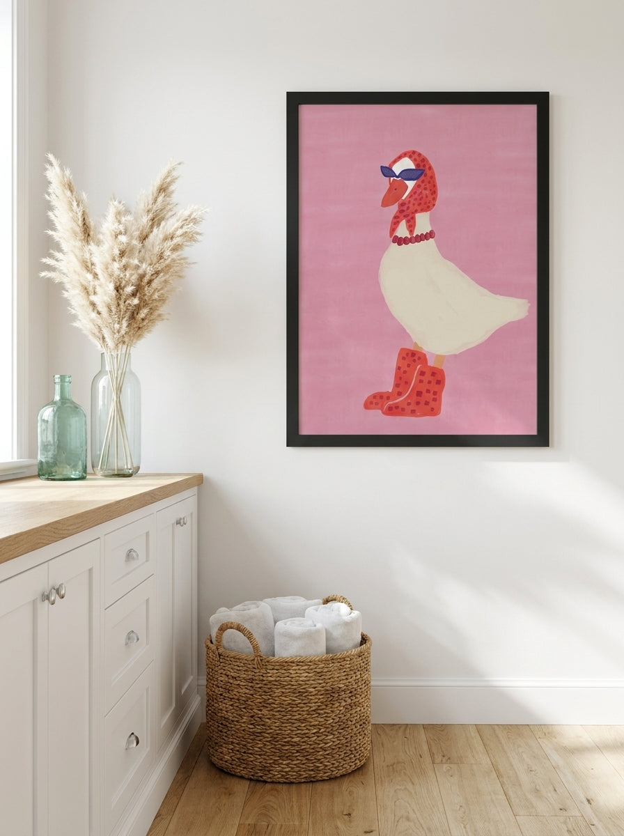 Modern wall art print styled on the wall in a coastal bathroom