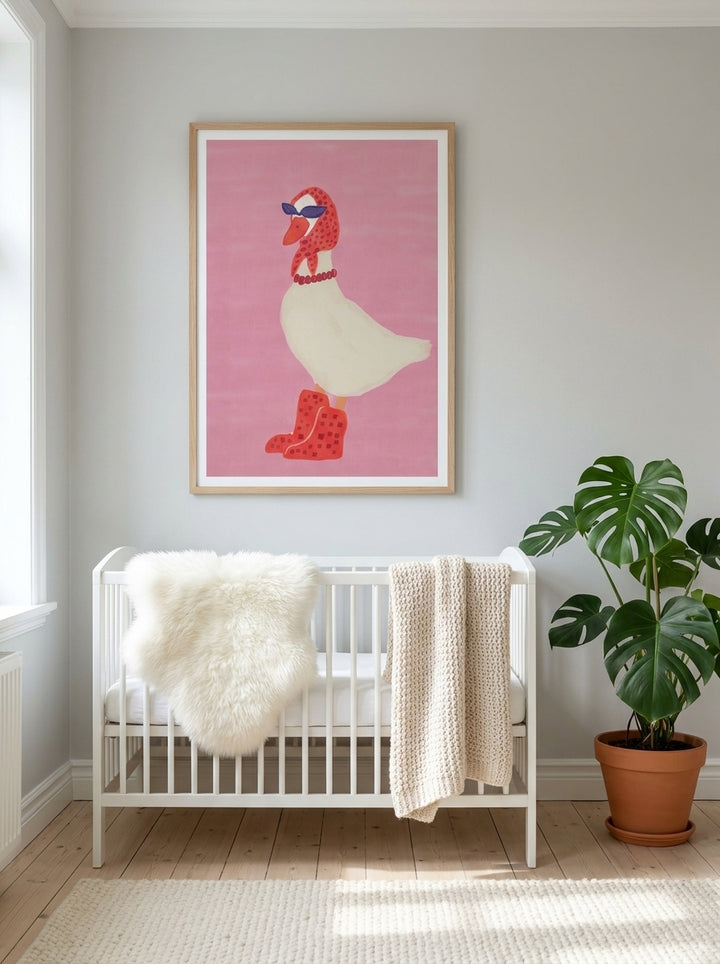 Modern wall art print styled on the wall in a bright Scandinavian nursery
