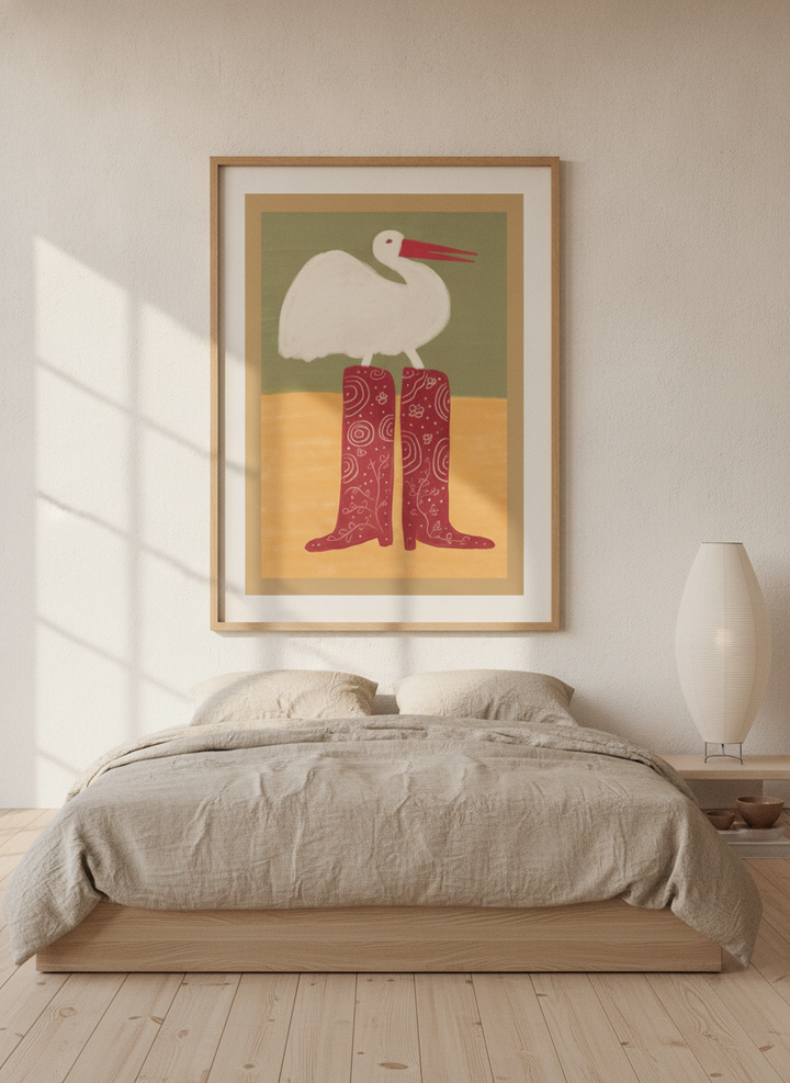 Oversized statement modern wall art print styled on the wall in a warm Japandi bedroom