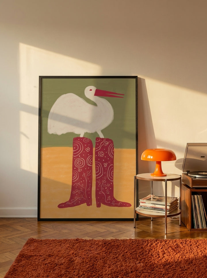 Oversized statement modern wall art print leaning against the wall in a retro 70s living room