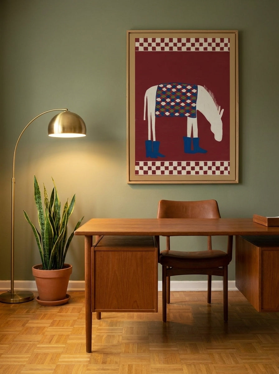 Modern wall art print styled on the wall in a mid-century home office