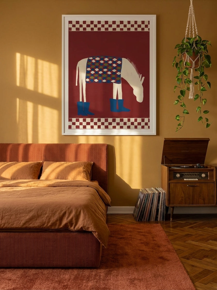 Modern wall art print styled on the wall in a retro 70s bedroom