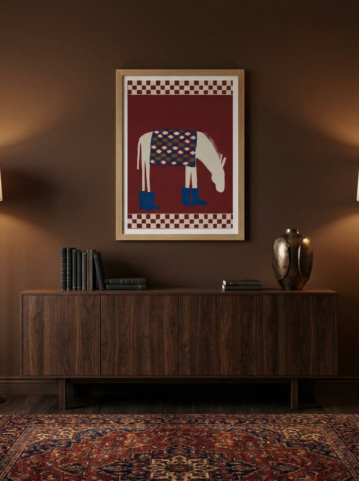 Modern wall art print styled on the wall in a moody living room