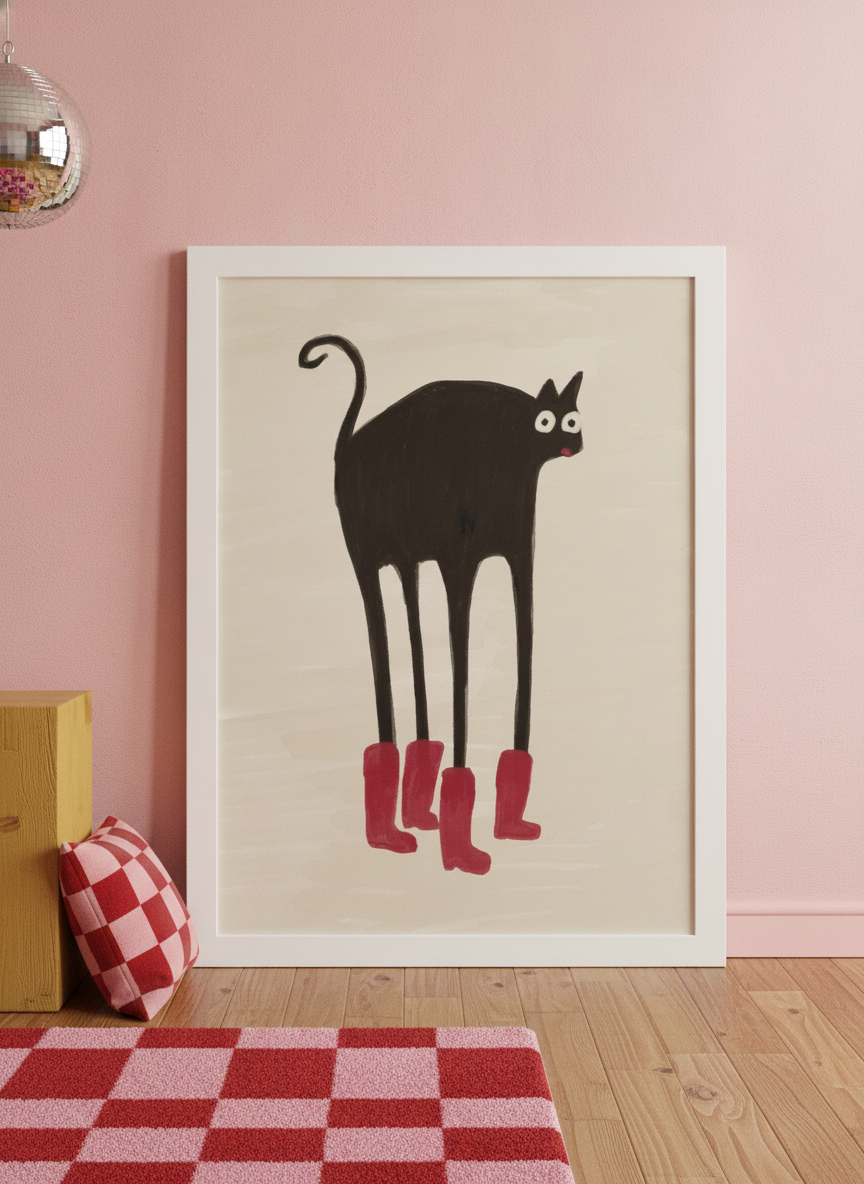 Modern wall art print leaning against the wall in a colourful eclectic bedroom