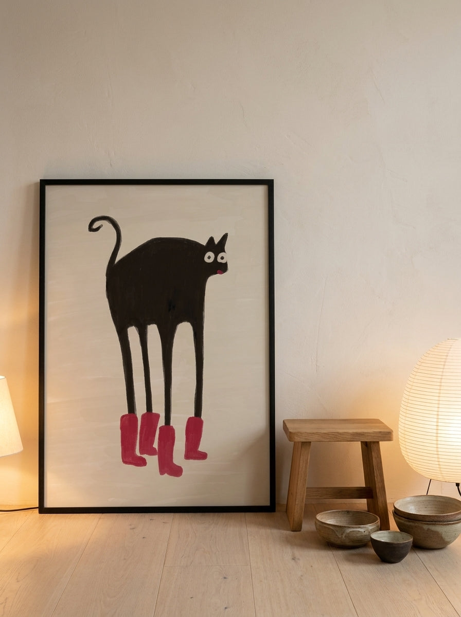 Modern wall art print leaning against the wall in a warm Japandi kitchen