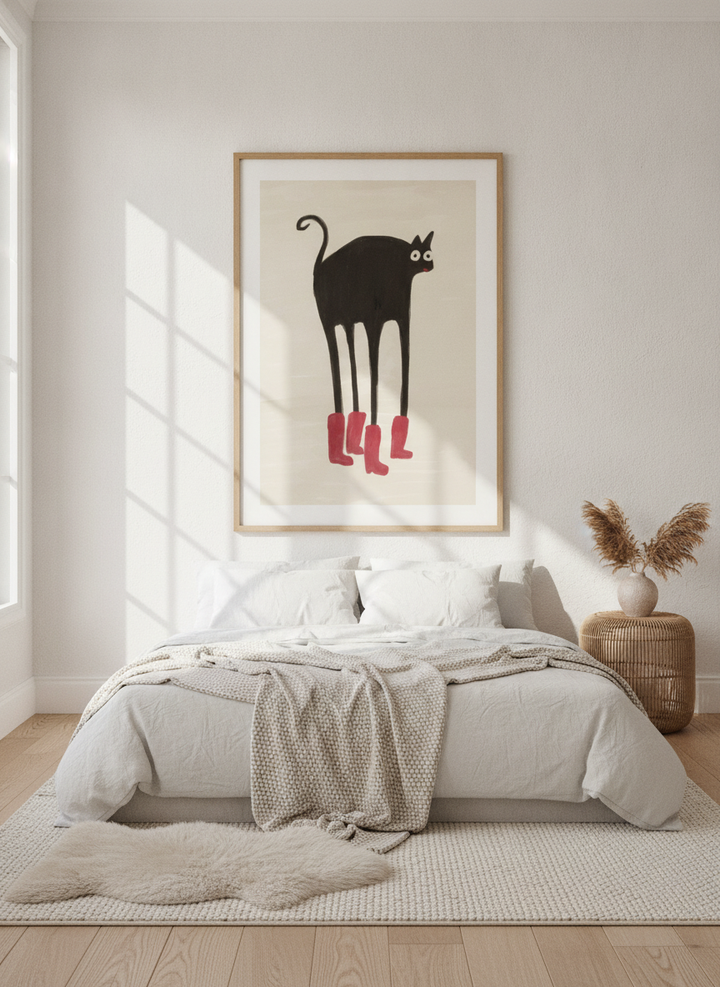 Oversized statement modern wall art print styled on the wall in a bright Scandinavian bedroom