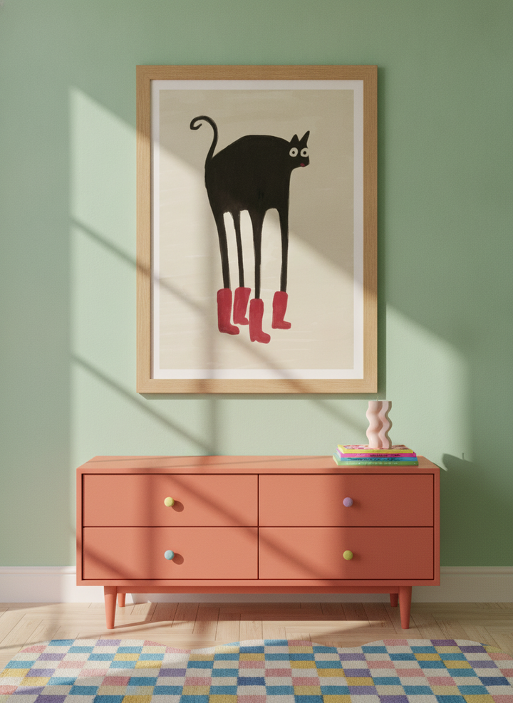 Modern wall art print styled on the wall in a colourful eclectic nursery