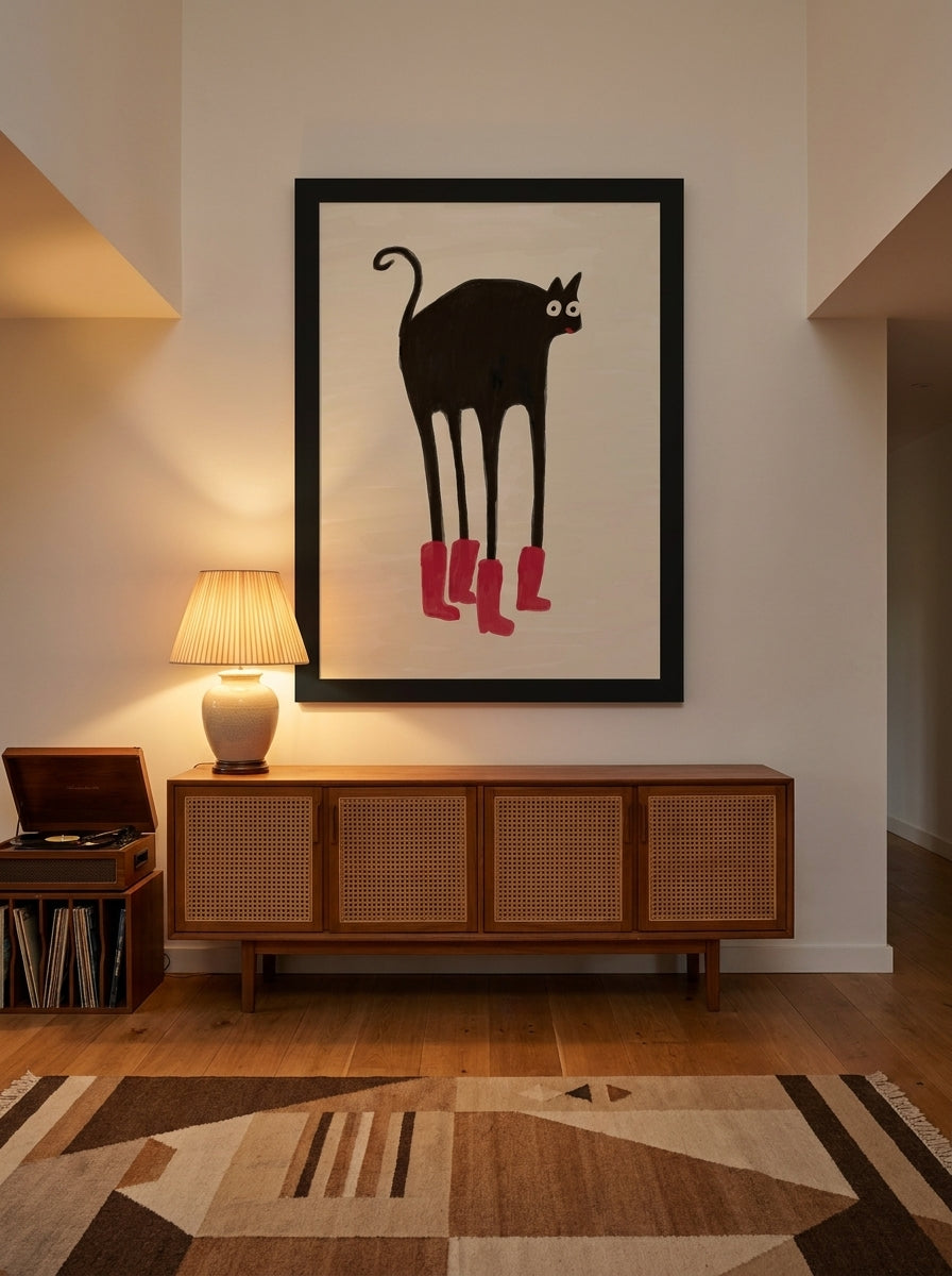 Oversized statement modern wall art print styled on the wall in a mid-century living room