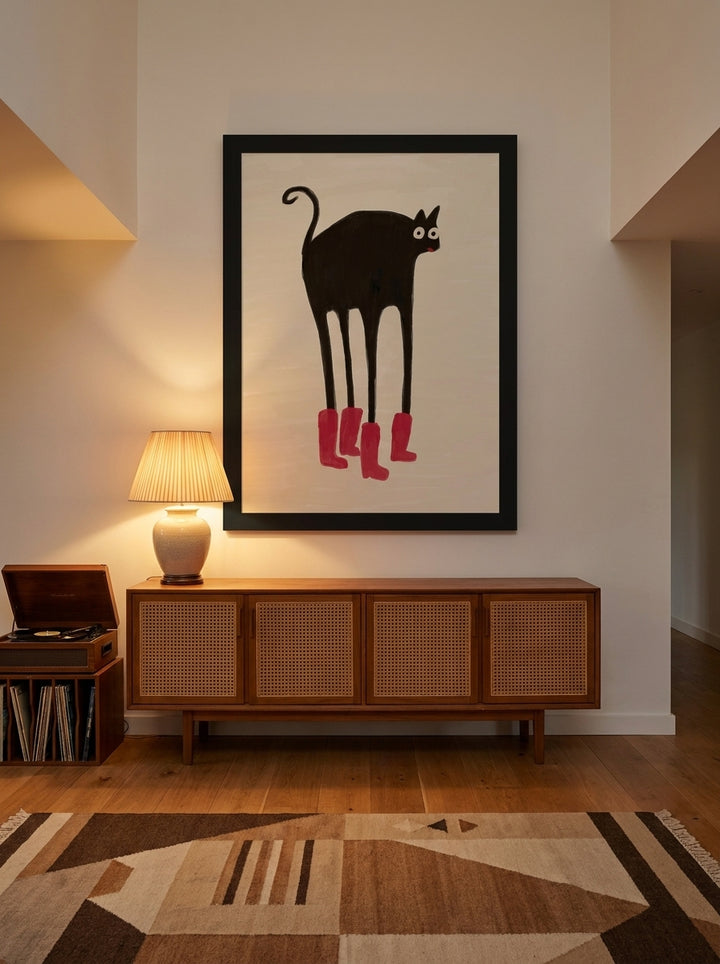 Oversized statement modern wall art print styled on the wall in a mid-century living room