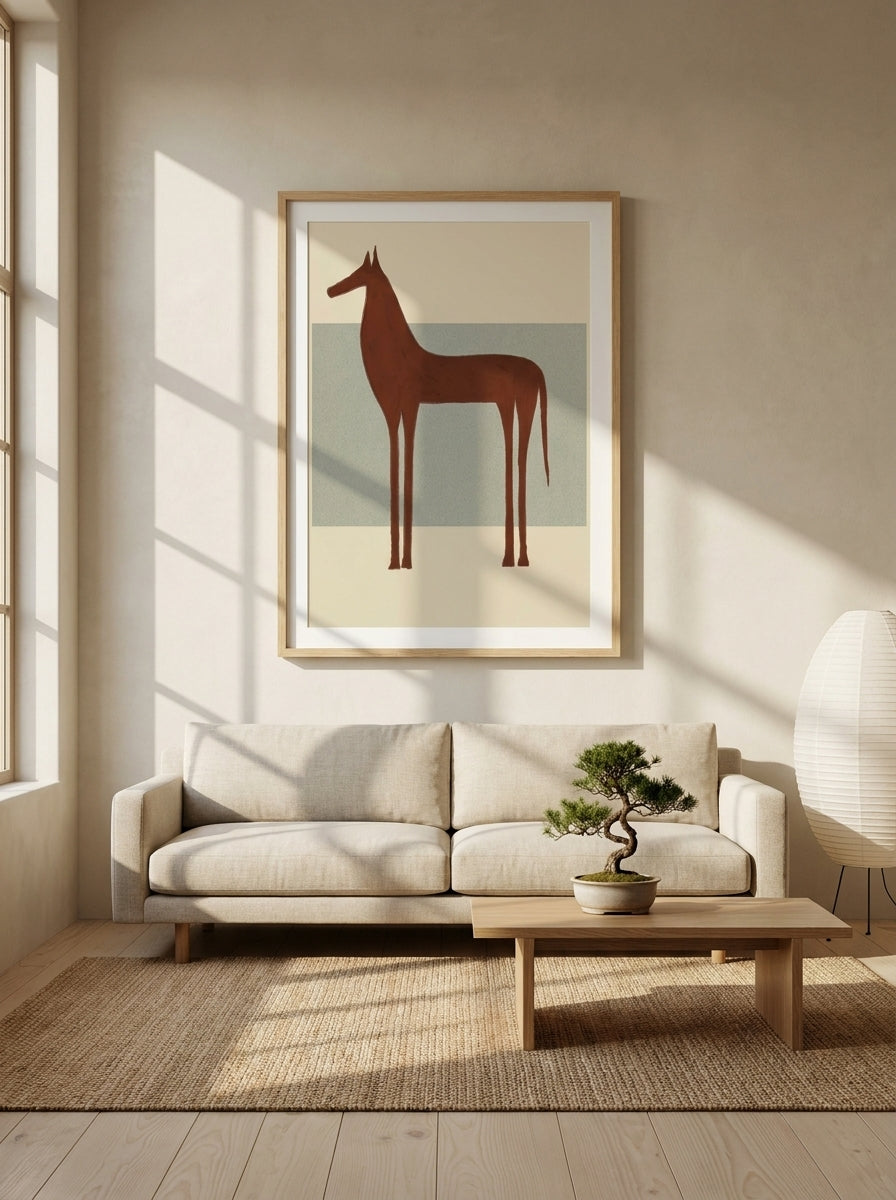 Modern wall art print styled on the wall in a warm Japandi living room