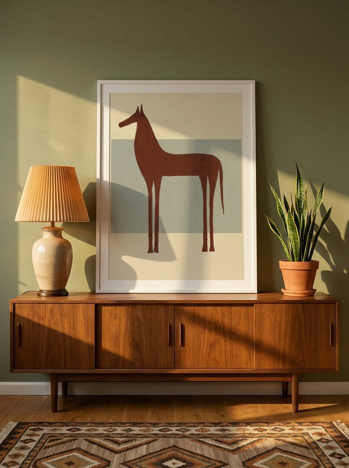 Modern wall art print standing on a sideboard in a mid-century home office