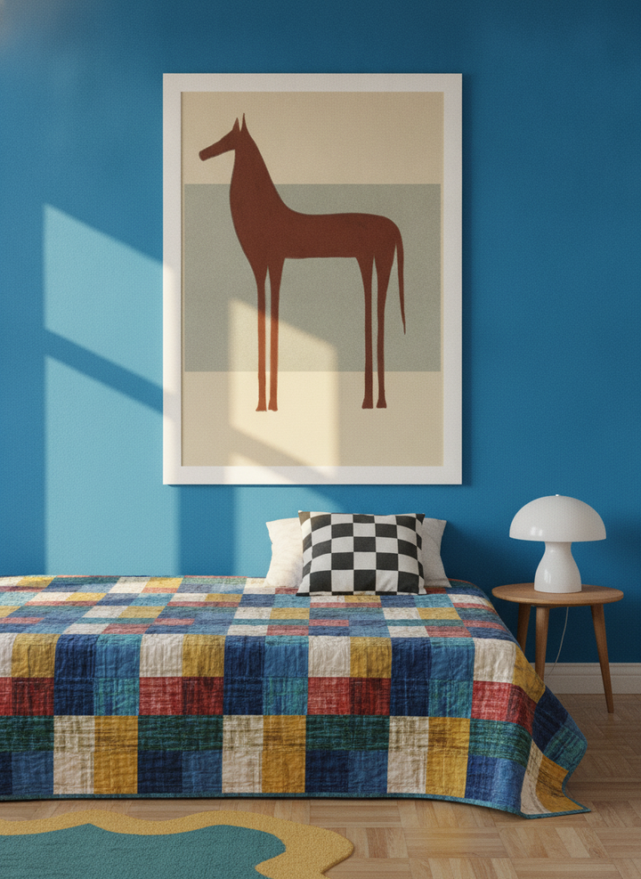Modern wall art print styled on the wall in a colourful eclectic bedroom
