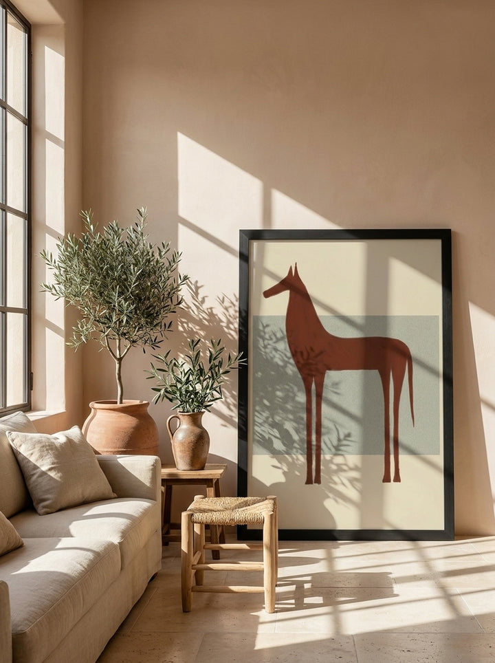 Modern wall art print leaning against the wall in a Mediterranean living room
