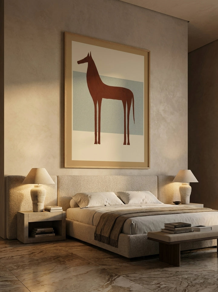 Oversized statement modern wall art print styled on the wall in a luxe bedroom