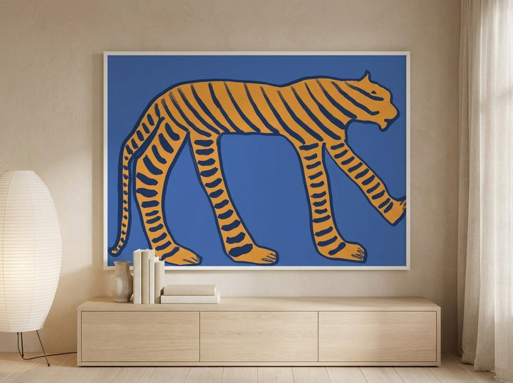 Modern wall art print styled on the wall in a warm Japandi living room