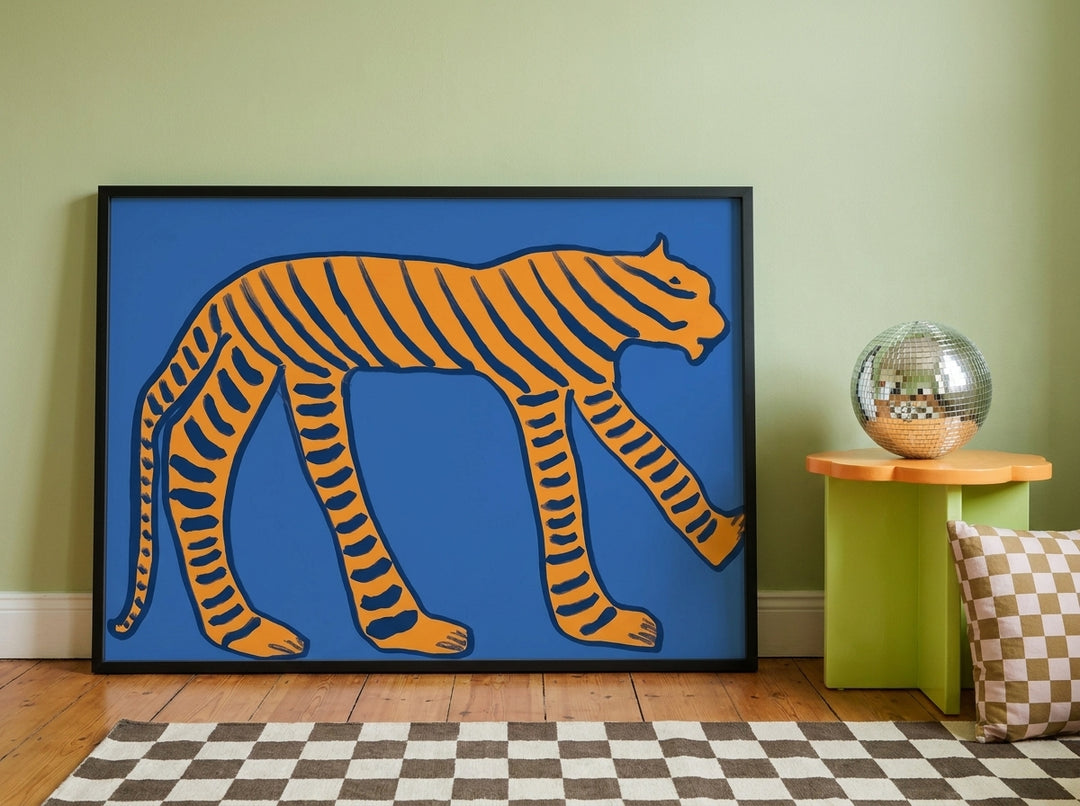 Oversized statement modern wall art print leaning against the wall in a colourful eclectic nursery