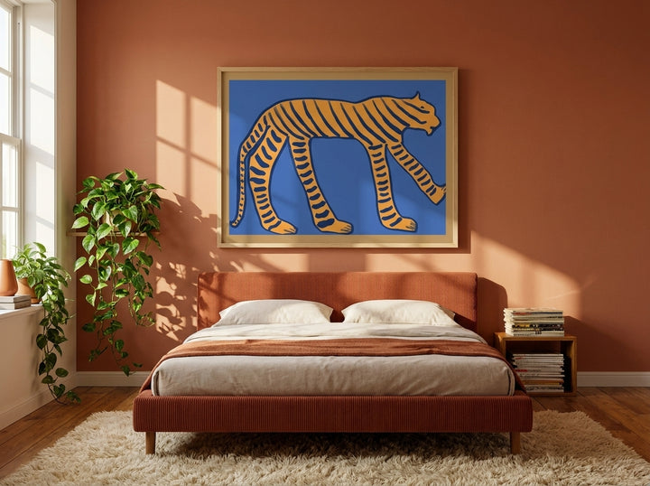 Modern wall art print styled on the wall in a retro 70s bedroom
